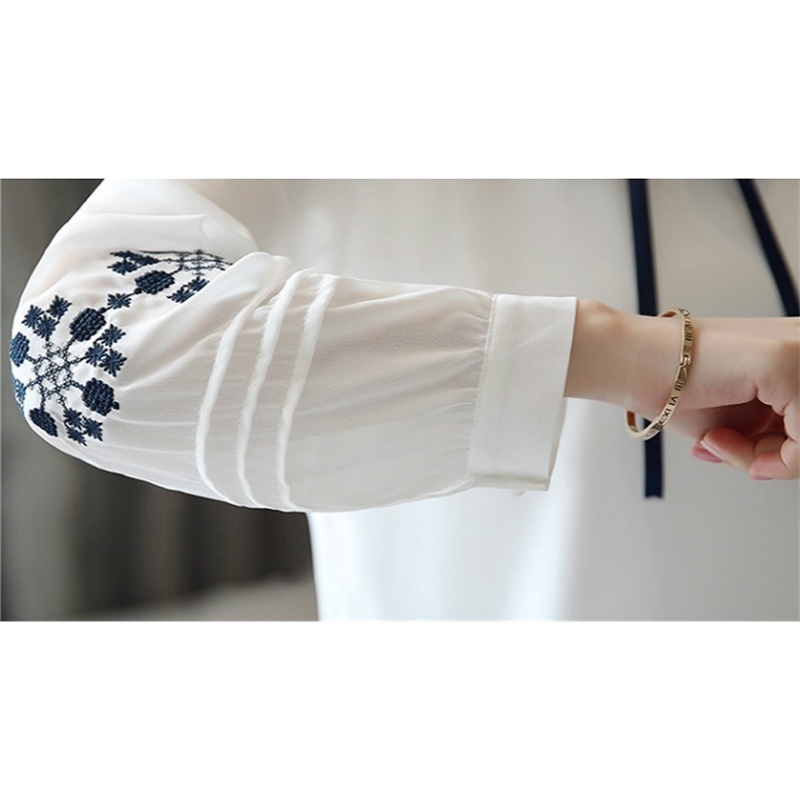 Autumn Embroidered Chiffon Women Blouse Shirt Long Sleeve Slim Bow Tie Femme Tops Bottoming Clothing 0857 30 210506