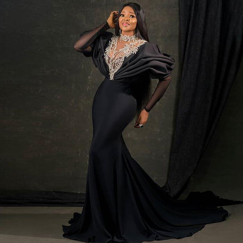 Sexy Black Mermaid Evening Dresses Long Sleeve 2026 Appliqued Lace Illusion High Neck Prom Party Gowns Ruched Special Occasion Dress
