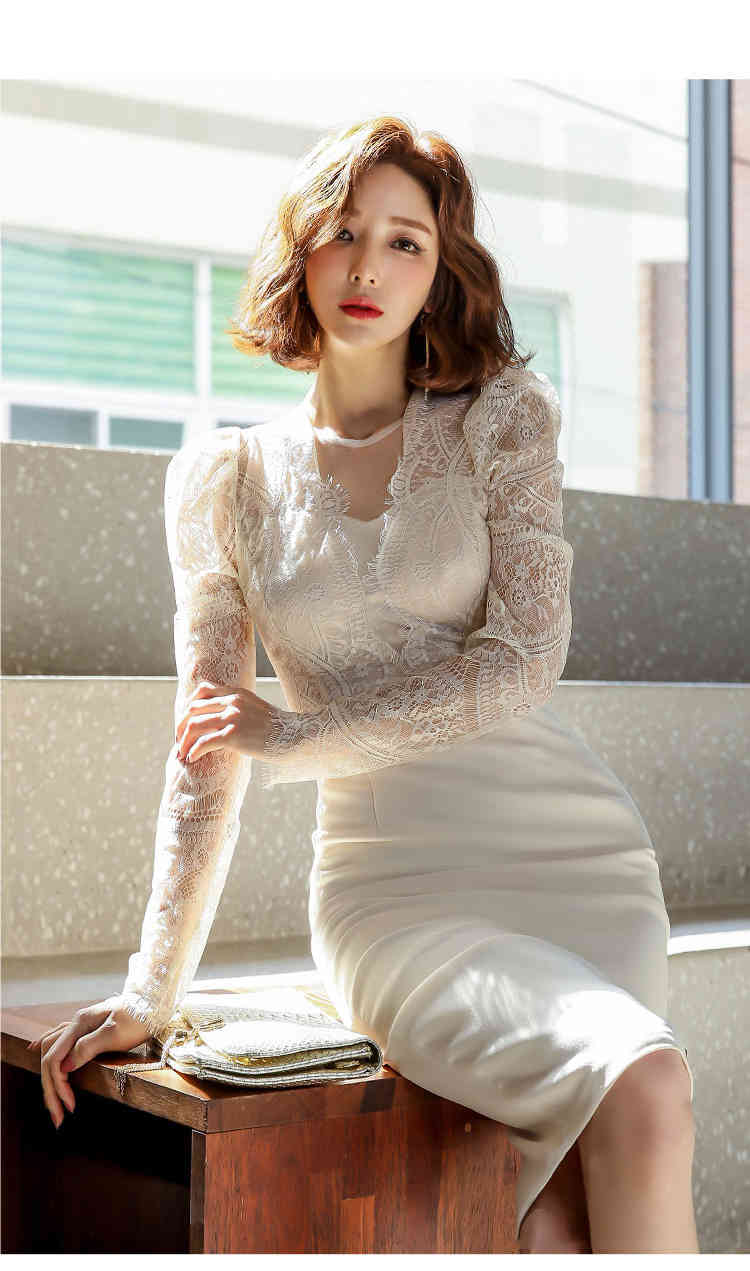 Women Vintage Sexy Lace Patchwork Bodycon Office Lady Work Slim Pencil Dress Formal Party Spring 210519