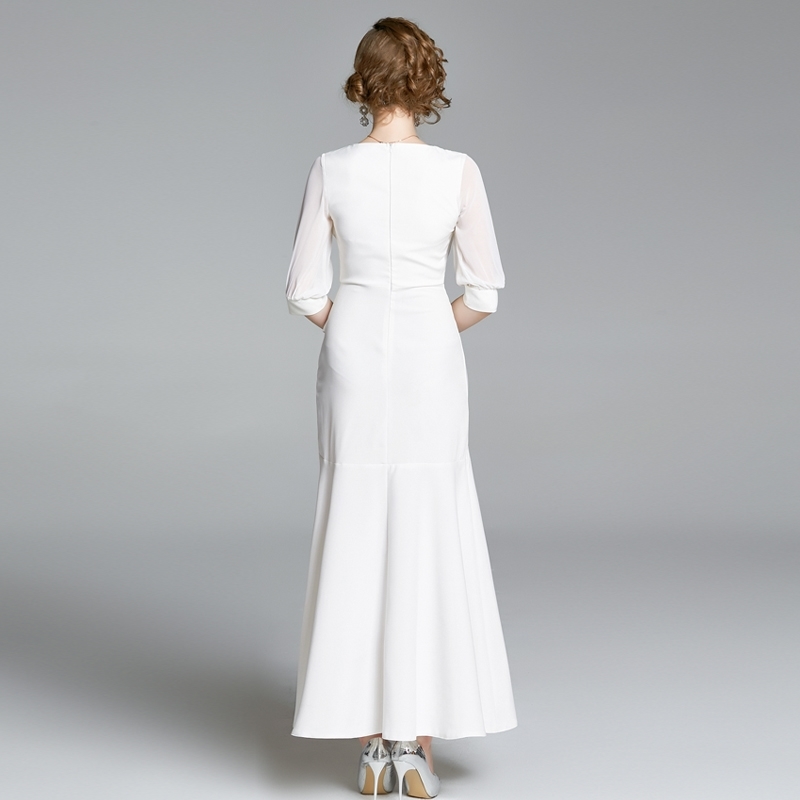 Arrival Fashion Elegant V-Neck Lady Party Dress Women Half Sleeve Ruffle White Mermaid Dresses Vestidos 210520