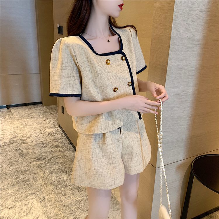 Summer Plus Size Office Lady Sets Square Neck Short Sleeve Jacket Double Breasted Wide Leg Shorts Casual Vintage Matching 210429