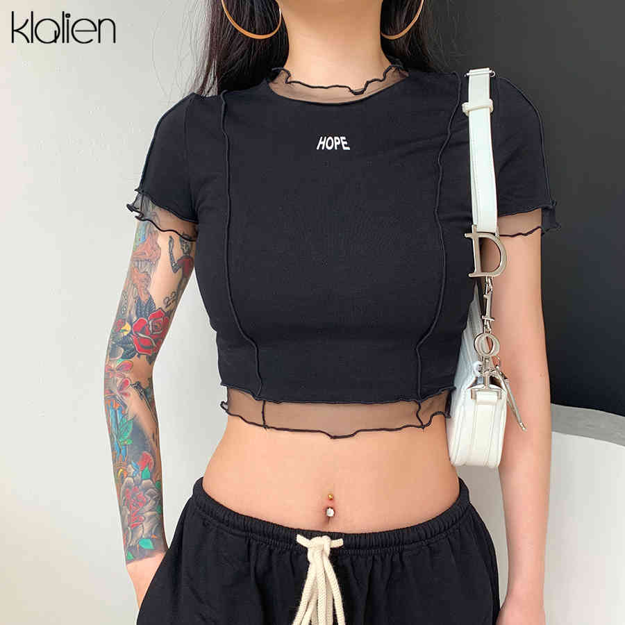 KLALIEN Leisure Women Cotton T Shirt Summer High Street Fashion Simple Print Letter Patchwork Female T shirt Wild Slim Top Lady 210322