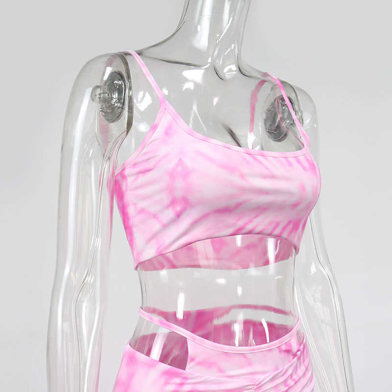 Colysmo Tie Dye Two Piece Set Women Summer Sexy Pink Sleeveless Crop Top Cut Out Short Skirt 2 Casual Outfits 210527