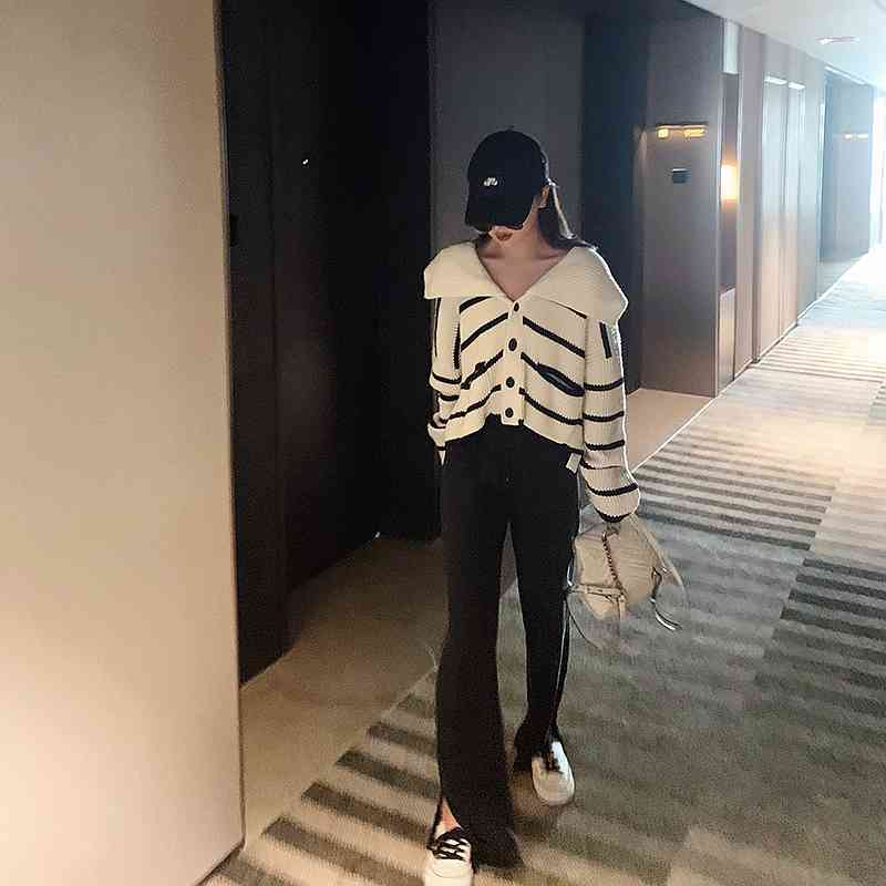 Short Casual Jumpers Long Sleeve Sailor Collar Cardigan Jacket Women Autumn Loose Striped Knitted Sweater Pull Japan Style Wild 210429