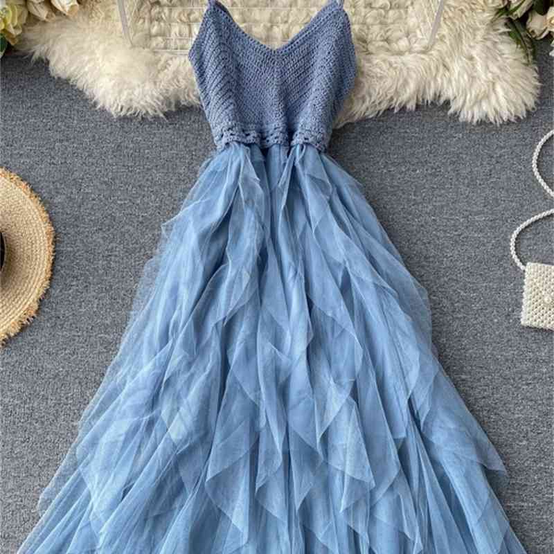 Bohemian Knitted Sexy V Neck Spaghetti Strap Summer Midi Long Dress Asymmetrical Women Casual Beach Irregular Dress 210521