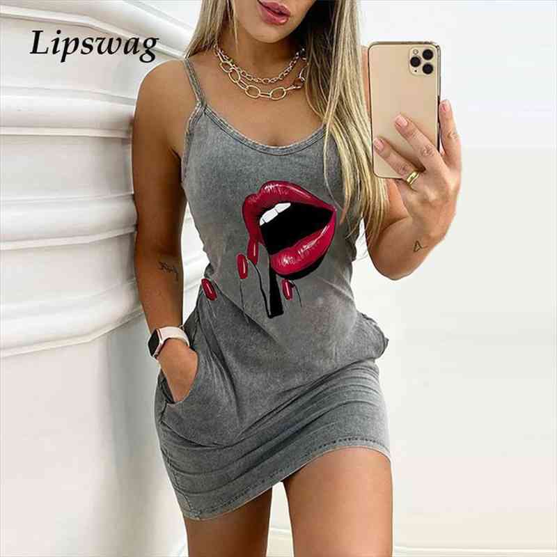 Summer Fashion Lips Print Sleeveless Womens Dress Bodycon Sexy Backless Strap Mini Casual O Neck Pocket Women Party, Black;gray
Summer Fashion Lips Print Sleeveless Womens Dress Bodycon Sexy Backless Strap Mini Casual O Neck Pocket Women Party, Black;gray