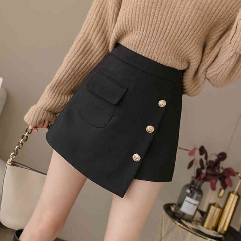 short feminino autumn and winter casual button skirt irregular Thin High Waist women's wool pants 7634 50 210427