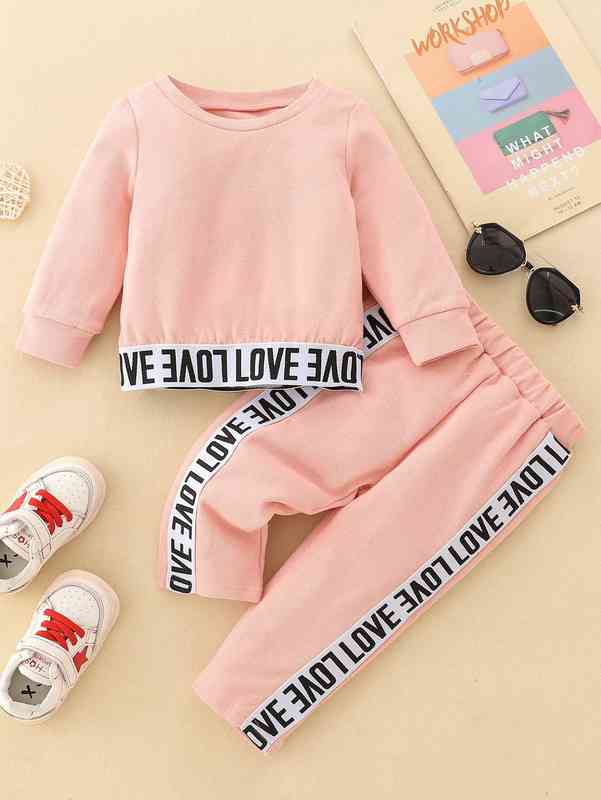 Baby Contrast Letter Tape Pullover & Pants SHE