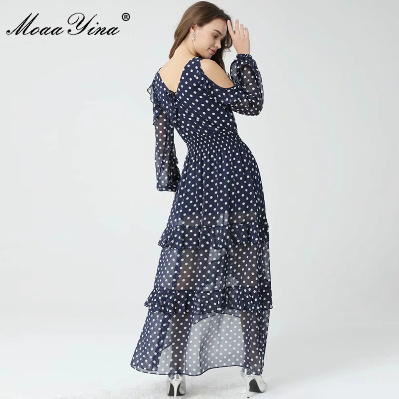 Spring Runway Elegant Polka Dots Print Maxi Women V-Neck Ruffle Long sleeve Sexy Black Club Party Dress Vestidos 210524