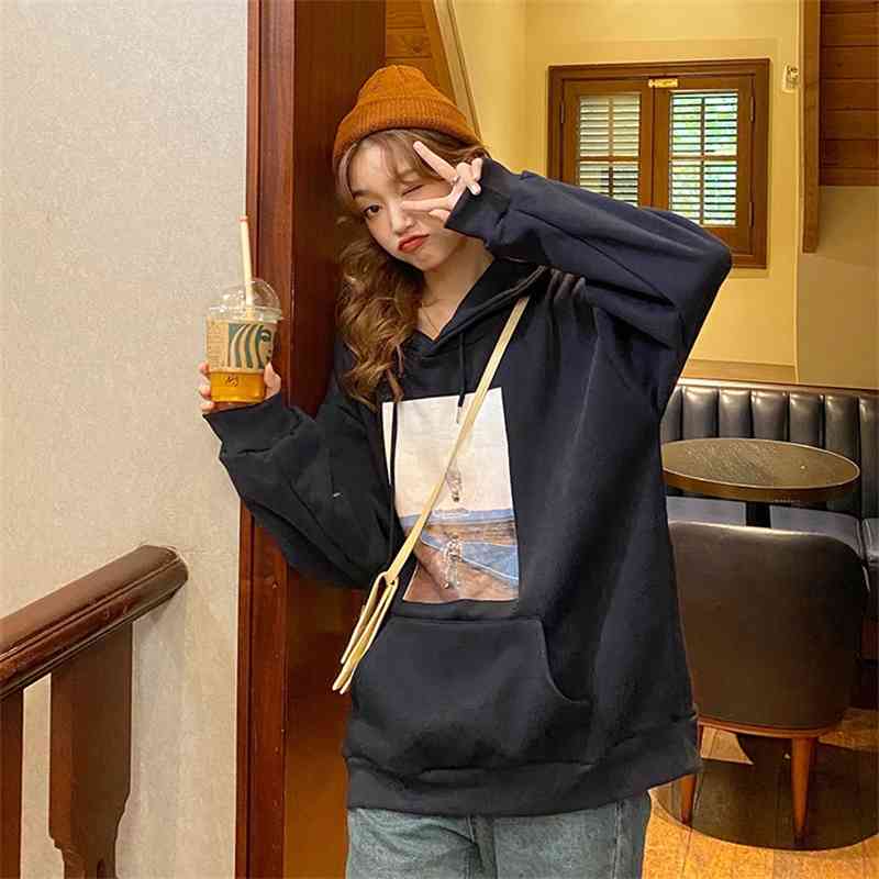 2 colors autumn and winter korean style super large print thicking hoodies womens warm sweatshirts female (F4146) 210423