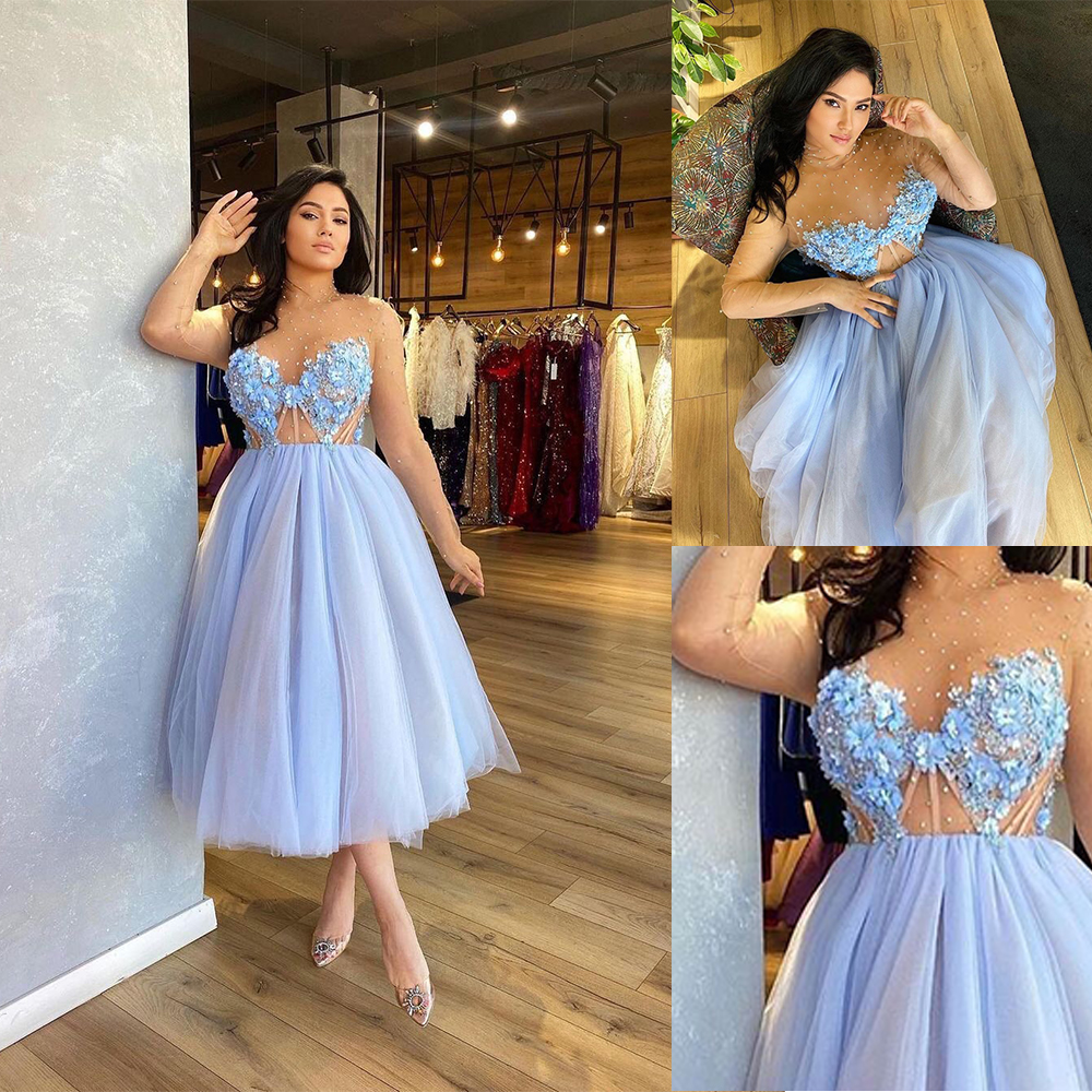 Evening Dresses Custom Made Sky Blue with Nude Tulle Beaded Flowers Appliqued Tea Length Zipper Back B21112