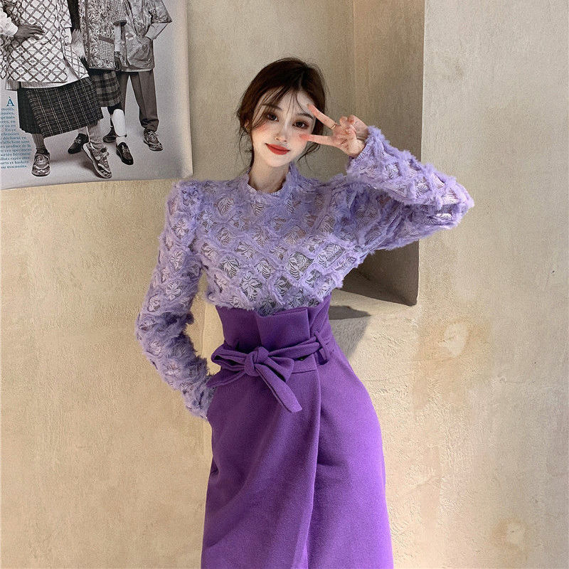 Chic Korean Spring Purple Lace Blouse Top Slim High Waist Bow Up Split Skirts Fashion Vintage Temperament Gentle Sets 210510