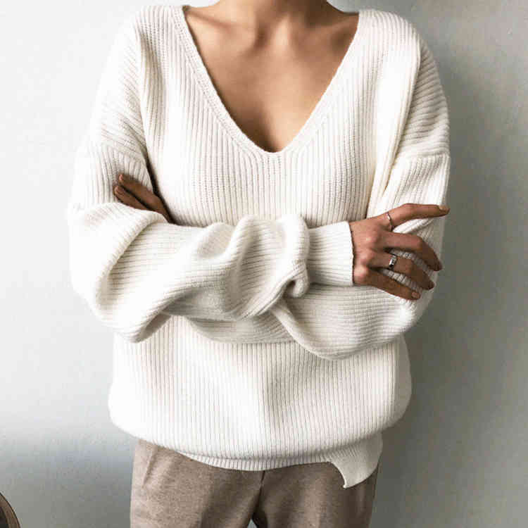 Autumn Winter Women's Sweaters V-Neck Minimalist Tops Korean Style Chic Knitted Casual Lazy Loose Sweater For Women 210521