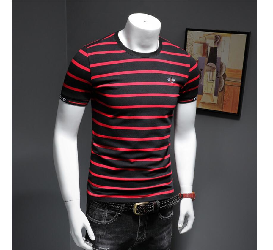European station men's bee embroidery T-shirt 2021 summer striped men's short-sleeved T-shirt men's net red half-sleeved top