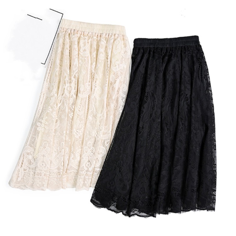 Elastic High Waist Lace Skirts Womens Spring Autumn Korean Elegant Casual A-line Black Long Skirt Female 210519