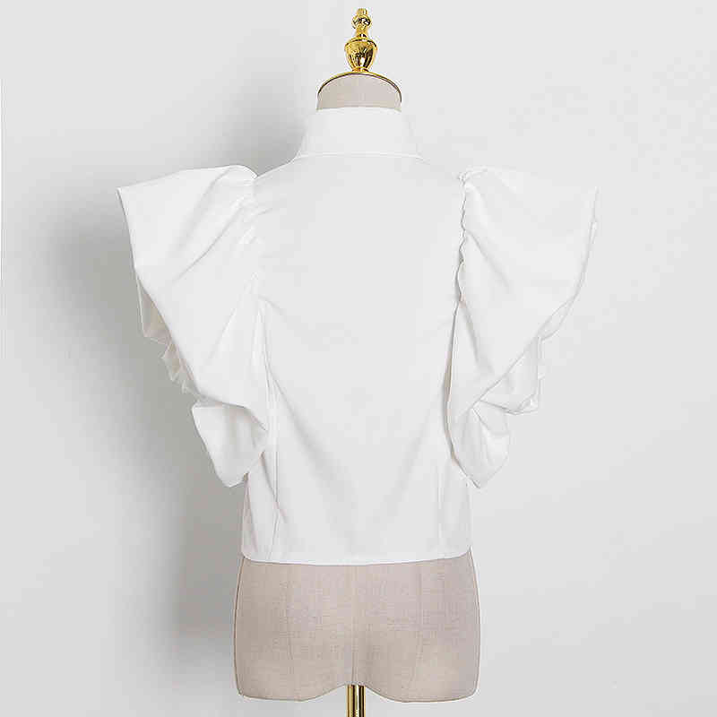 White Ruffle Shirt For Women Lapel Short Sleeve Vintage Large Size Elegant Blouse Female Clothing Summer 210524