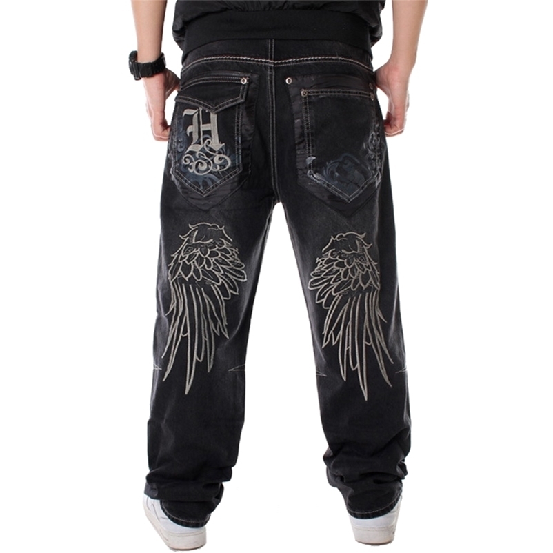 Men Street Dance Hiphop Jeans Fashion Embroidery Black Loose Board Denim Pants Overall Male Rap Hip Hop Jeans Plus Size 30-46 211120
