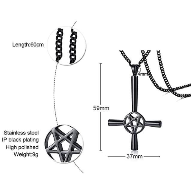 Silver Gold Black Mens Inverted Pentagram Cross Necklace Stainless Steel Upside Down Lucifer Satan Satanic Symbol Pendant Chain 24''