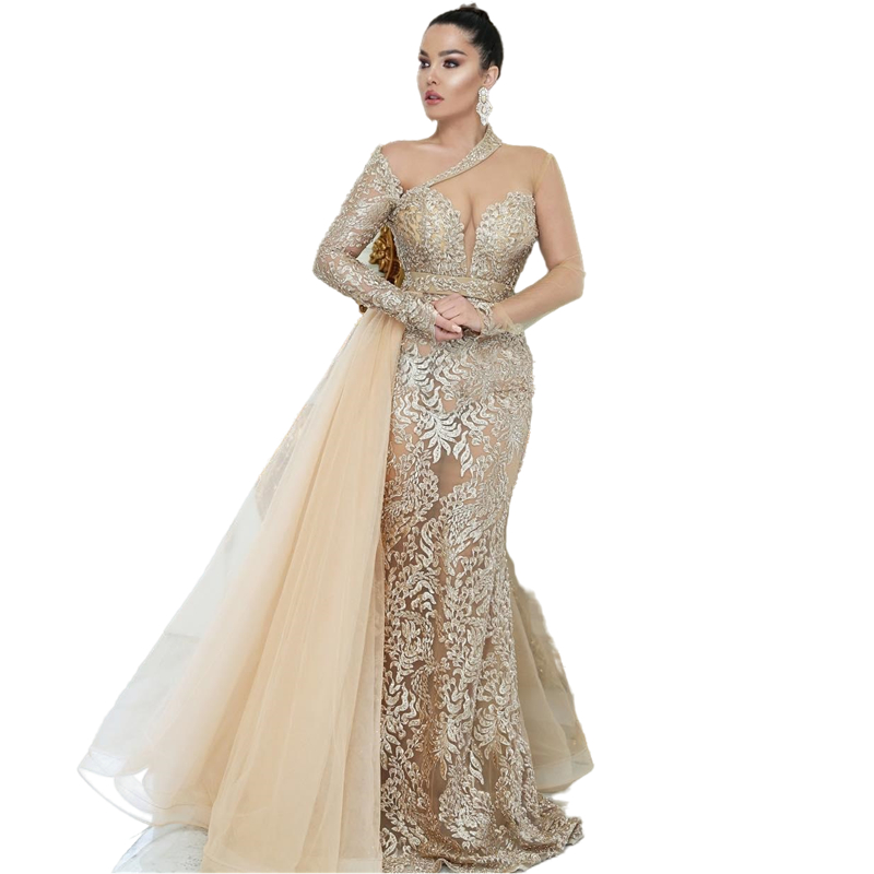 Luxury Champagne Lace Mermaid Evening Dresses Dubai Arabic Sheer Long Sleeves Beaded Sparkly Prom Pageant Dresses Vintage Formal Party Gowns Celebrity