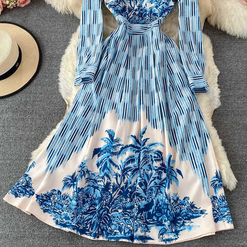 DEAT Women Printing Striped Dress Lapel Long Sleeve Arrivals Lady Temperament Fashion Spring Autumn 11D1642 210709