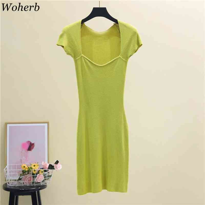 Women Sexy Bodycon Dress Spring Summer Square Collar Short Sleeve Thin Stretch Sweater Dresses Vestidos Mujer Ladies Robe 210519