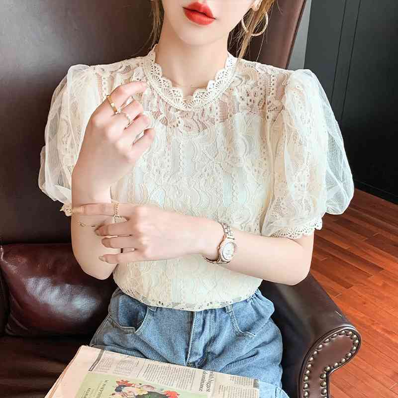 High Street Lace Blouse Women Tops Spring Summer Casual Short Sleeve Hollow Out Korean Clothes Fashion White Tops 210515
