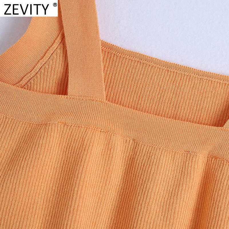 Zevity Women Spaghetti Strap Orange Color Chic Camis Tank Lady Summer Back Lower Knitting Short Sling Vest Crop Tops LS9177 210625