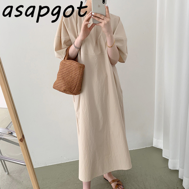 Minimalist Mint Green O Neck Puff Short Sleeve Loose Dress Women Casual Vestido De Mujer Summer Chic Korean Fashion 3 Color 210429