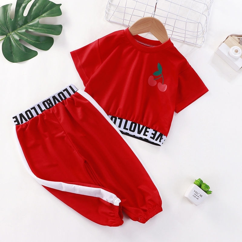 Baby Girl Clothes Set Children Casual Sportwear Summer Toddler Kids Birthday Gifts Cherry O-neck Top + Pants 2 Piece 210508