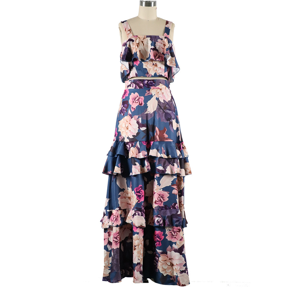 Women Dress Temperament Floral Crop Top With Lotus Printed Long Skirt 2 Peice Set Two Piece Summer 210524