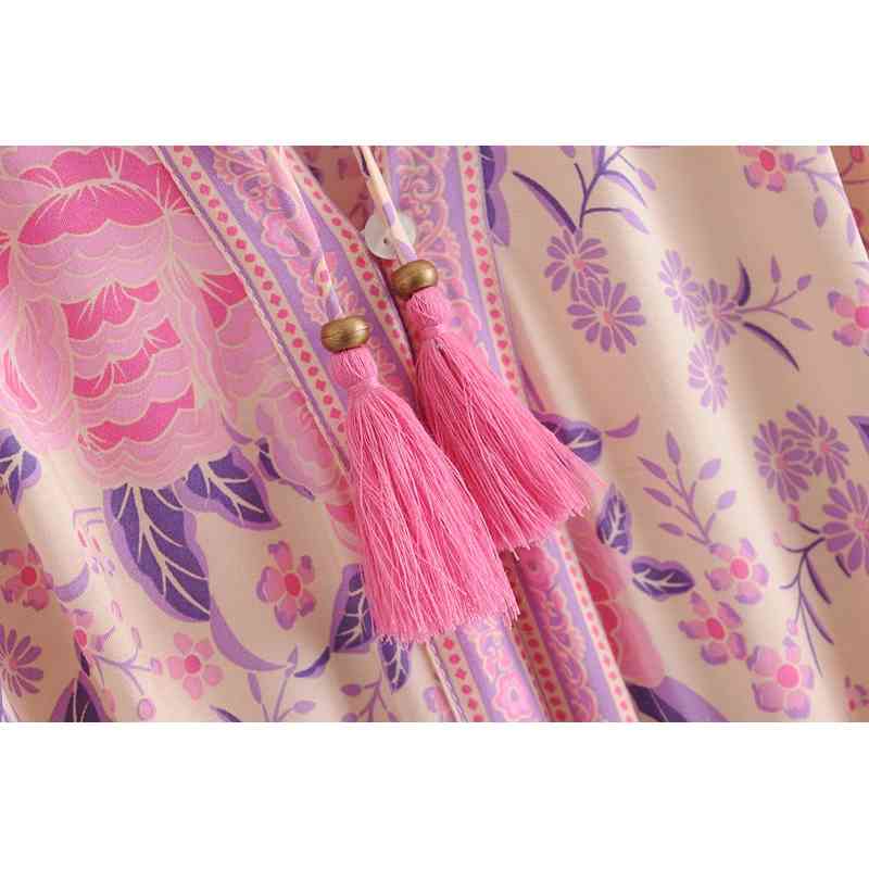 Spring Bohemia Tassel Lacing up Collar Pink Flower Print Dress BOHO Woman Adjust Waist Maxi Long Holiday Dresses Beach 210429