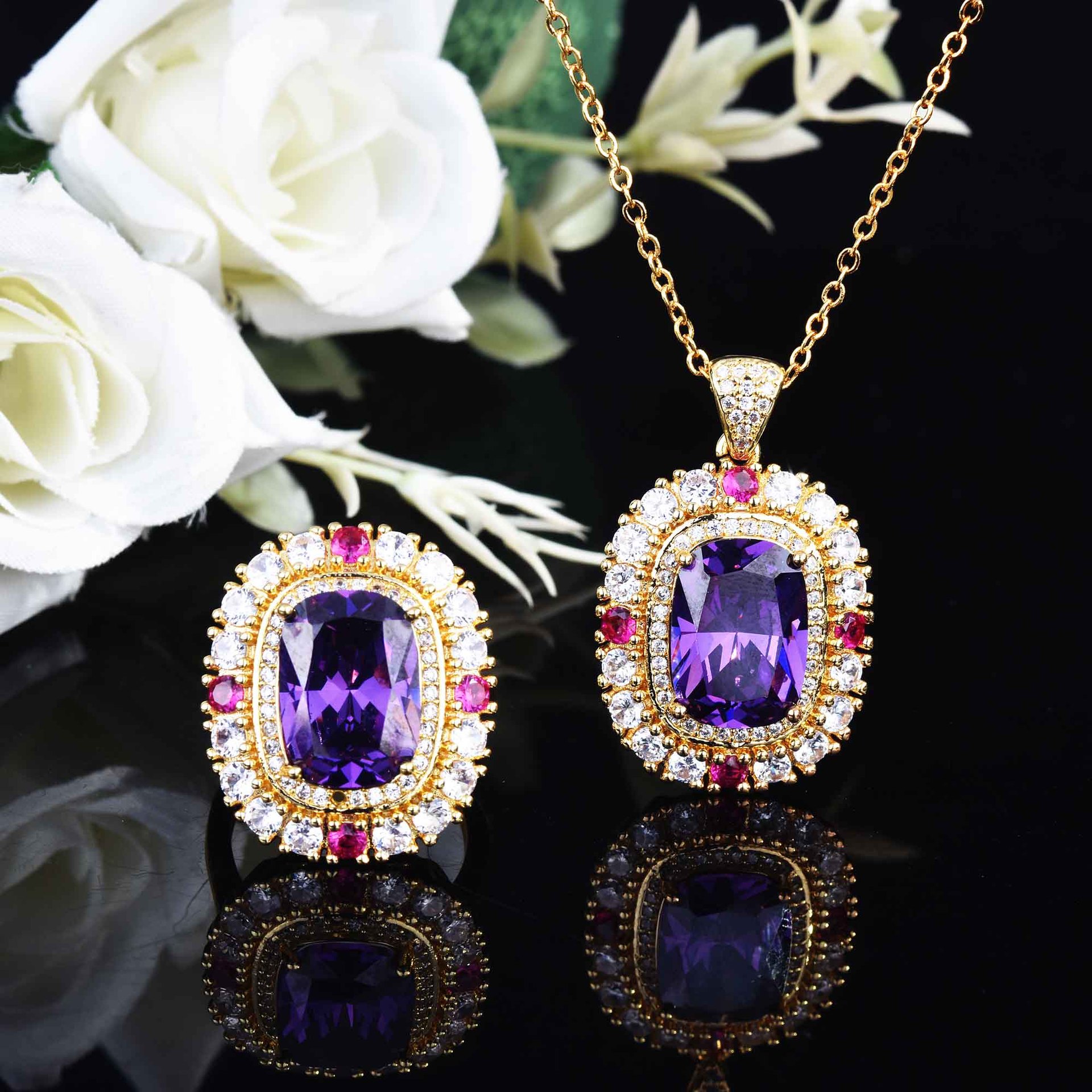Vintage Topaz cz Jewelry set 925 Sterling Silver Engagement Wedding Rings Necklace For Women Bridal Party Gift