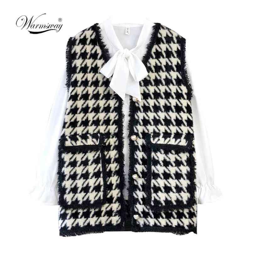 High Quality Houndstooth Faux Mink Fur Women Spring Autumn Single-Breasted Waistcoat Knitted Vest Sleeveless Jacket C-258 210910