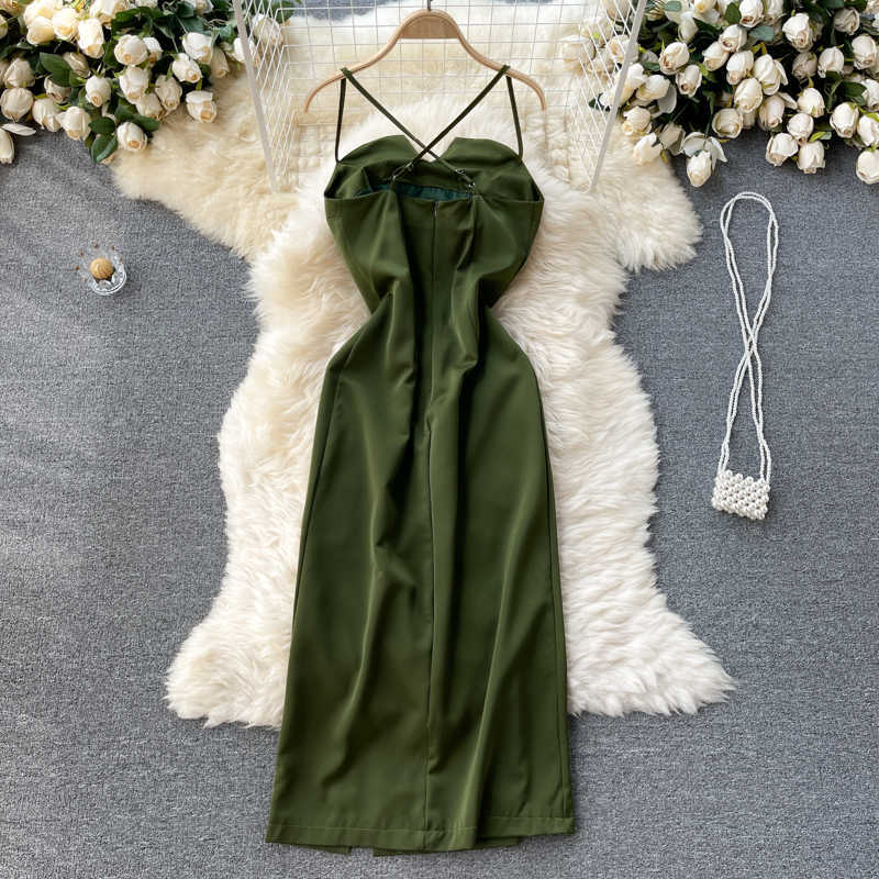 DEAT Women Sling Slim Split Backless Dress V-Neck Sleeveless Arrivals Lady Temperament Fashion Spring Summer 11D576 210709