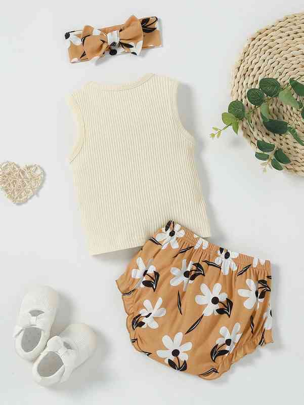 Baby Tank Top & Floral Print Ruffle Trim Shorts With Headband SHE