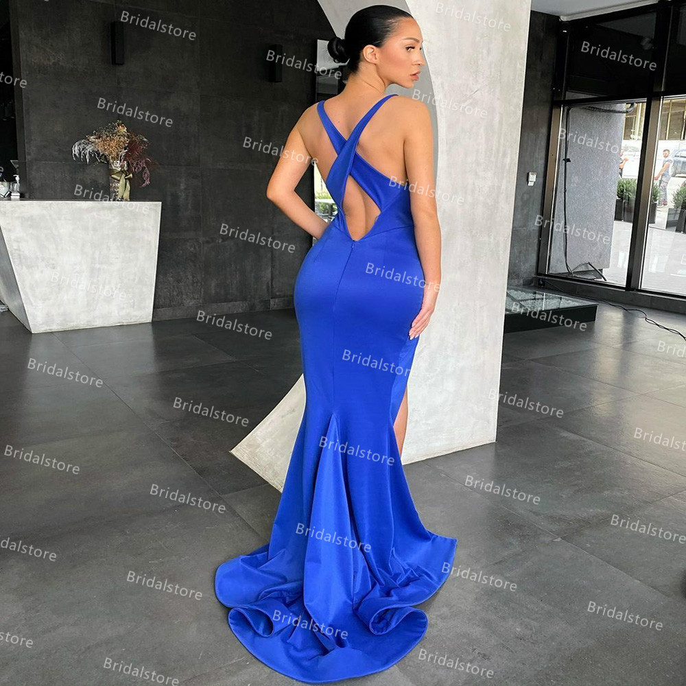 Sexy Royal Blue Mermaid Evening Dress Cross Back High Slit Plus Size Long Prom Dresses For Black Girls 2021 Formal Ceremony Gown robe de soirée mariag