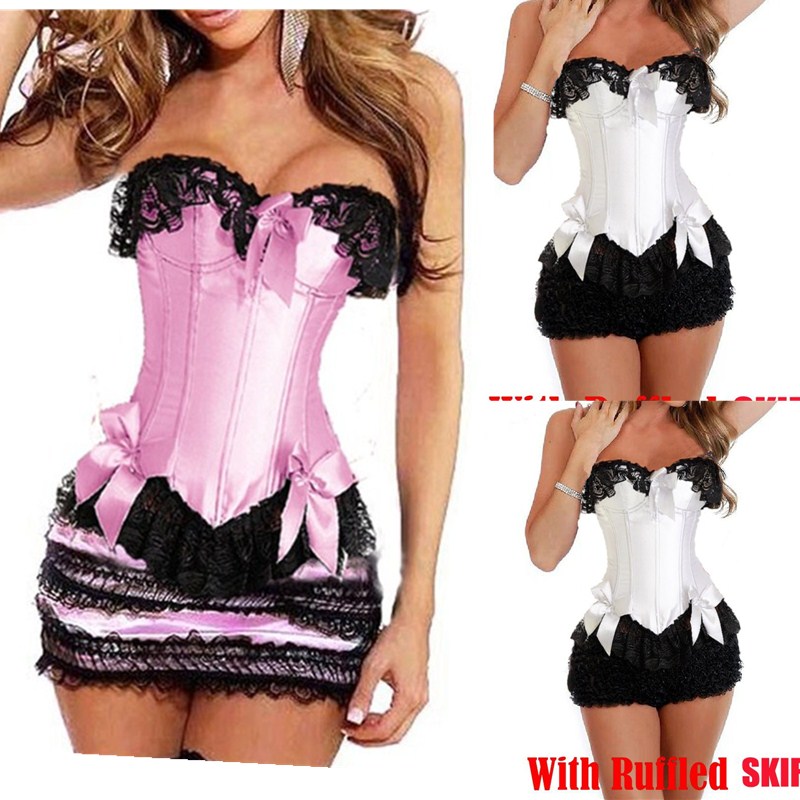 Woman Bustiers Women corset dress pink bow back lace up gothic bustier overbust corselet top black lace sexy corset with ruffled skirt+G-str
Woman Bustiers Women corset dress pink bow back lace up gothic bustier overbust corselet top black lace sexy corset with ruffled skirt+G-str