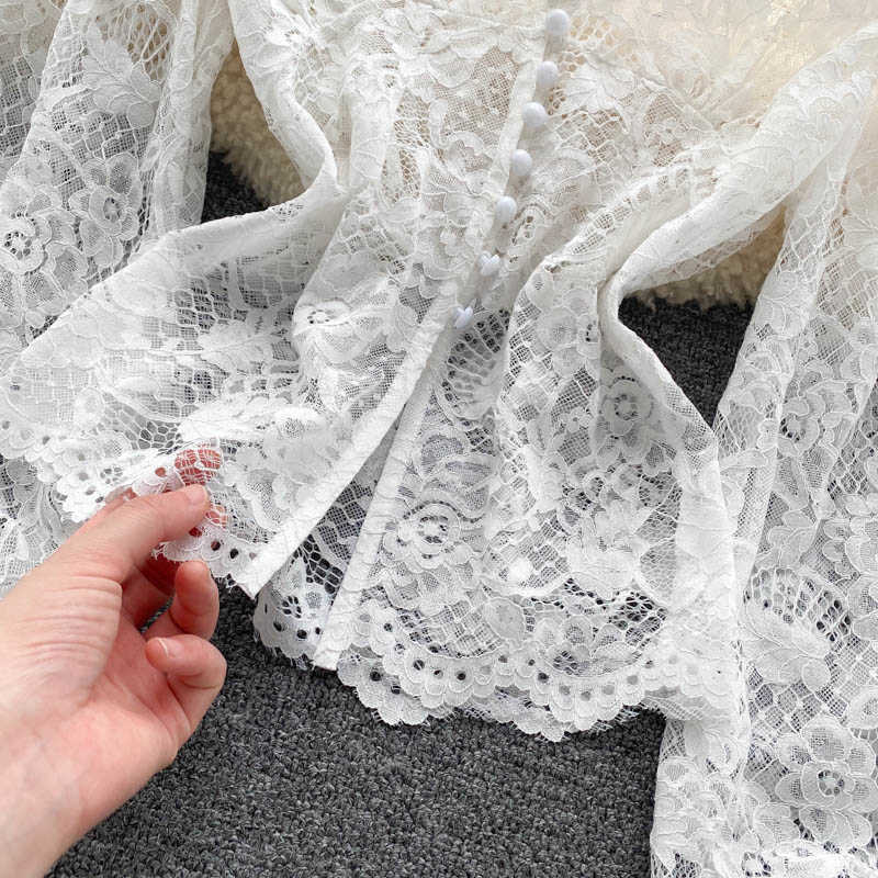 Women Fashion Perspective Lace Tops Lady V Neckline Buckled Long Sleeves Shirt Solid Color Camisas Mujer Blouse Clothes S406 210527