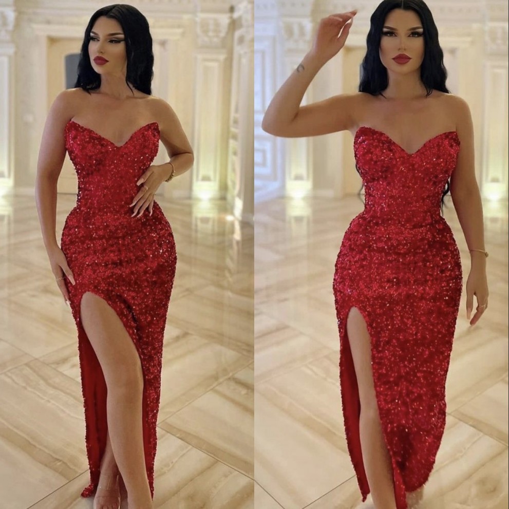 Red Prom Dresses 2022 Formal Evening Dress Party Pageant Gowns High Split Sweet-heart Sparkling Sequins Middle East Dubai