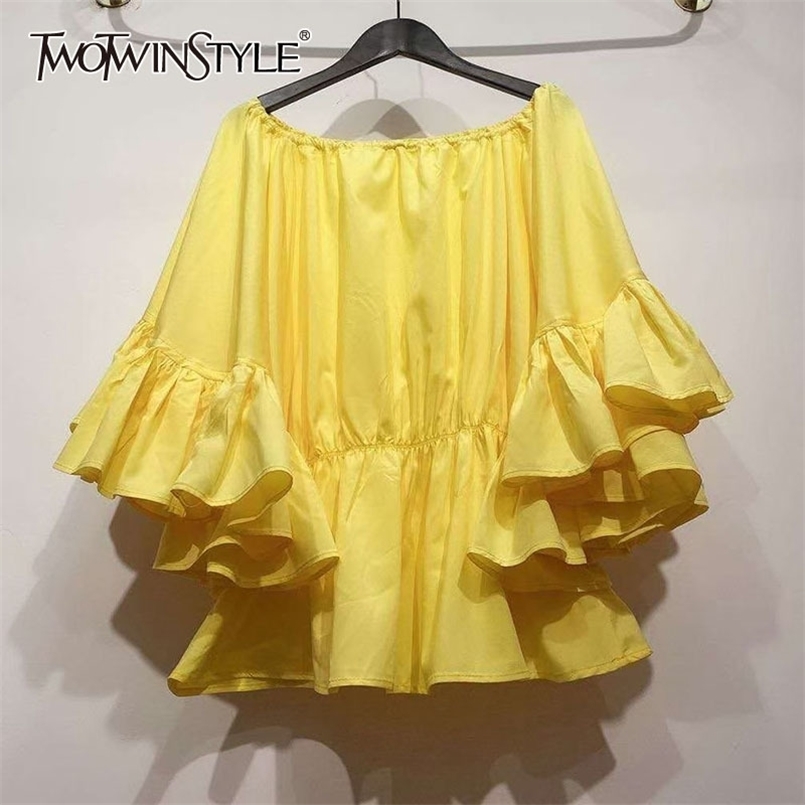 Loose Patchwork Ruffle Shirt For Women Slash Neck Long Sleeve Casual Solid Blouse Female Fashion Clothing 210524, Yellow
Loose Patchwork Ruffle Shirt For Women Slash Neck Long Sleeve Casual Solid Blouse Female Fashion Clothing 210524, Yellow