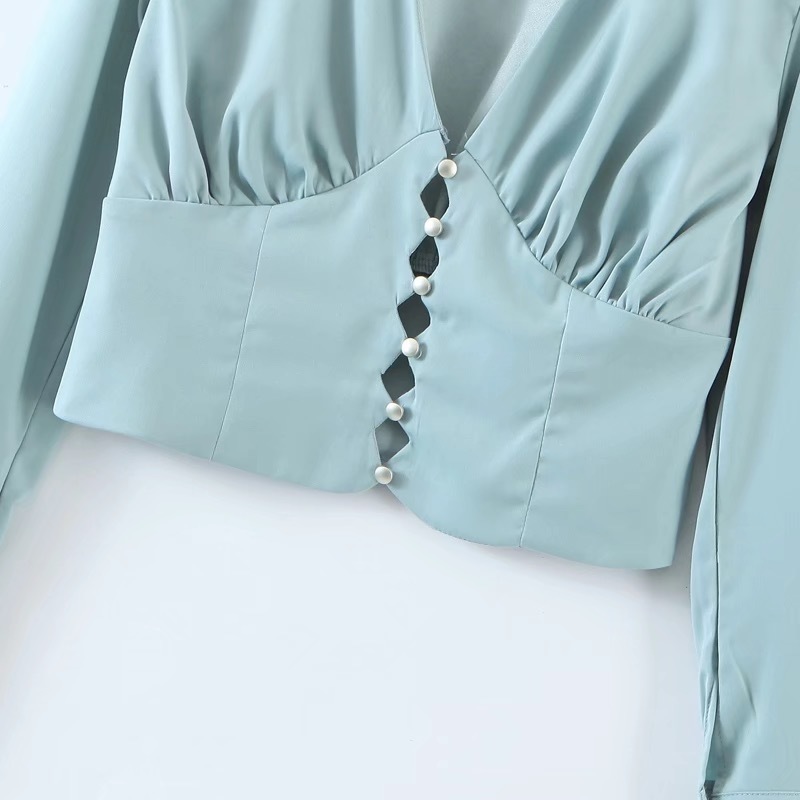 Retro French Style Pleated Ruched Shirt Single-breasted Hollow Out Buttons Slim Waist Short Women Blouse Puff Sleeve Tops 210429