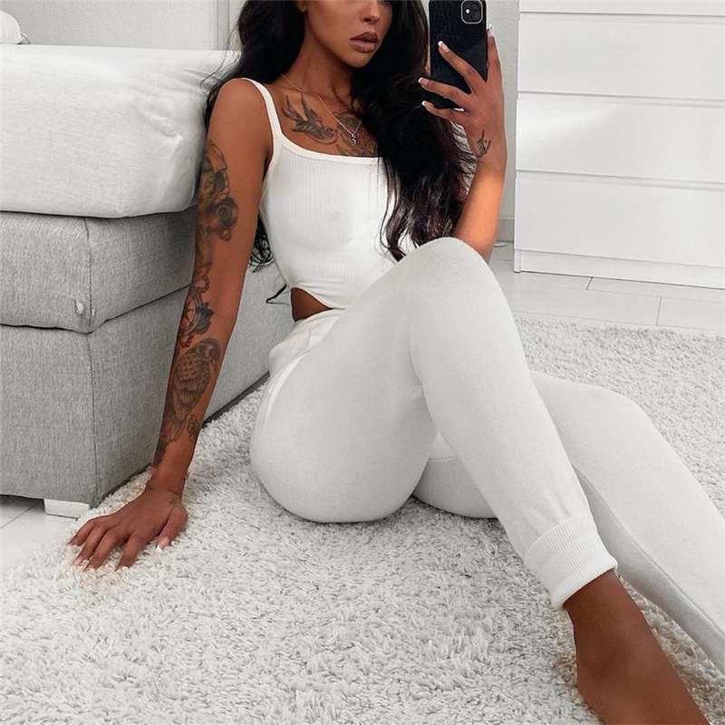 PUWD Casual Woman Solid Sleeveless Knitted Bodysuits Summer Fashion Ladies Hollow Out Stretchy Bodysuit 210522