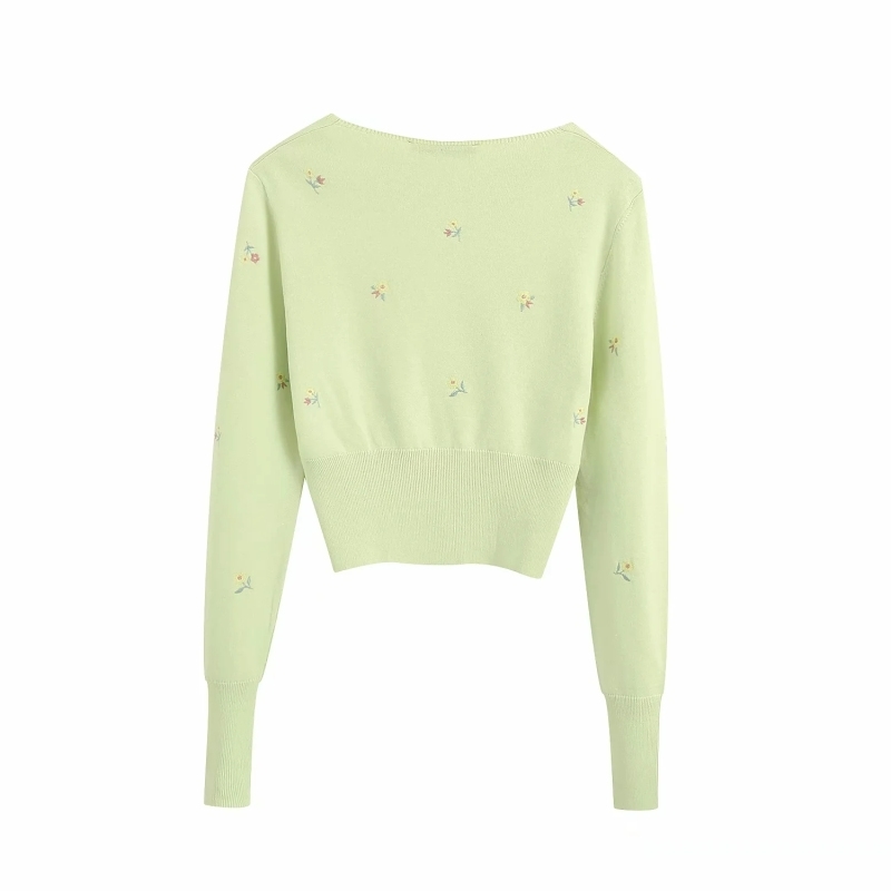 green women knitted floral sweaters fashion ladies rib-knited sleeve button sweater elegant female knitwear girls chic 210430