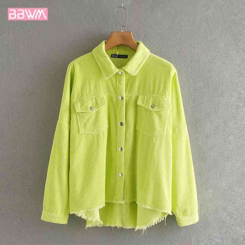 Lapel Long Sleeve Corduroy Fluorescent Green Fresh Loose CHIC Female Coat Single-breasted Sweet Pocket Women's Jacket 210507