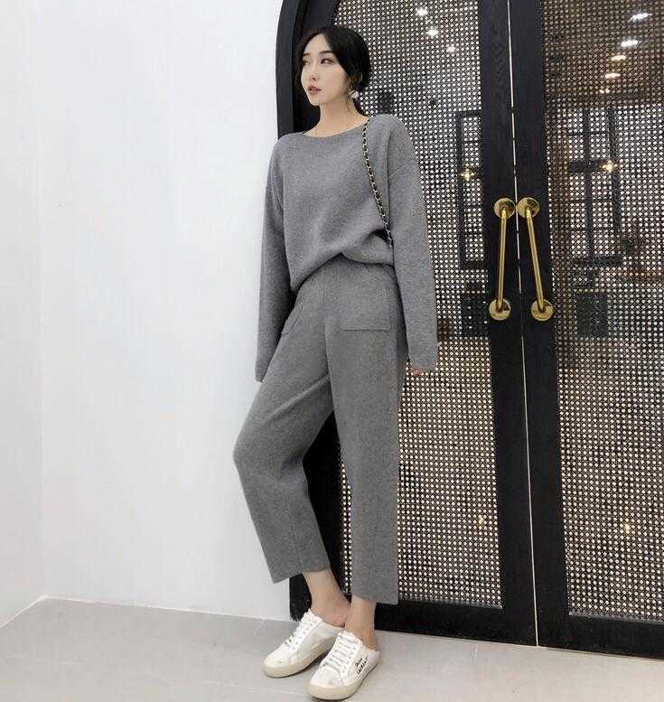 Knitted 2 pieces Set Tracksuits Women 2019 Autumn Winter Thick Warm O-neck Loose Sweater+Ankle-Length Pants Warm Cashmere Suit T191231