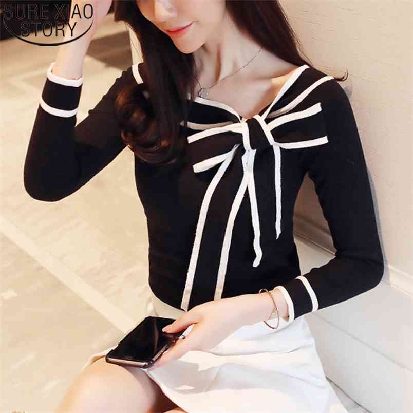 Women Knitted Shirts Bow Blouse Spring Bottoming Shirt Elegant Fashion Black Long Sleeve Blouses Blusas Mujer Ladies Tops 8024 210506