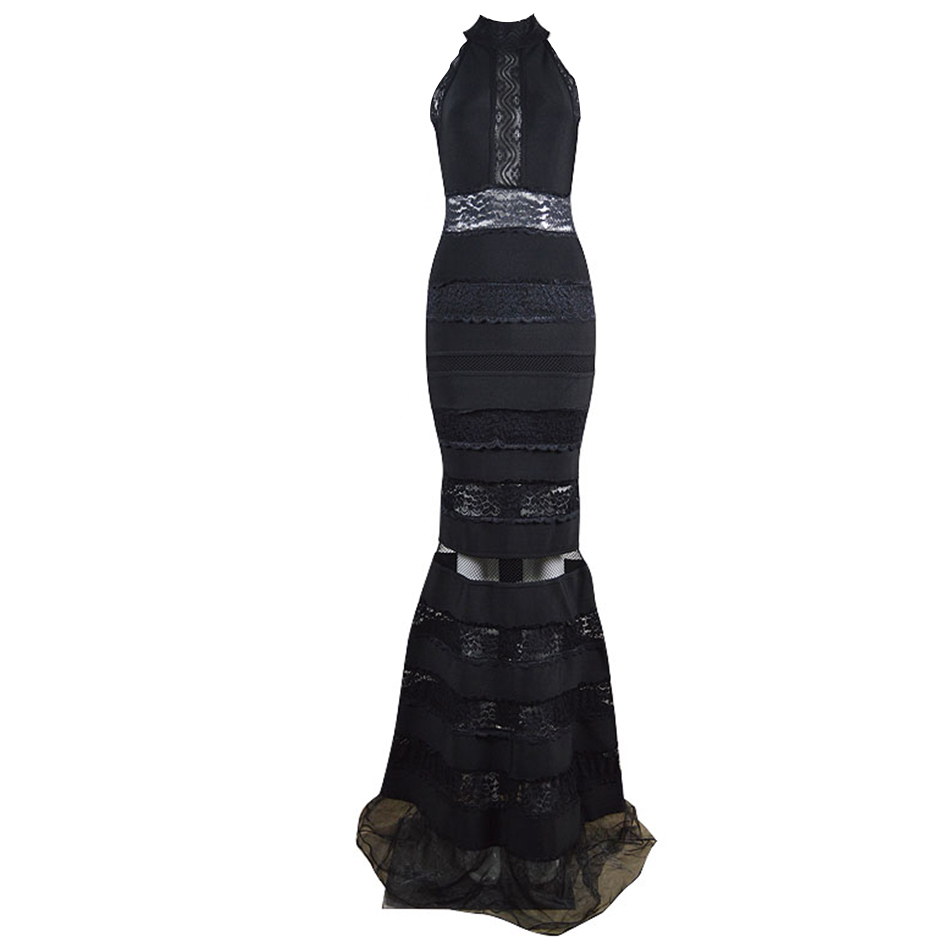 Summer Women Black Halter Mermaid Bandage Maxi Dress Sexy Lace Sleeveless Club Celebrity Evening Party Long 210423