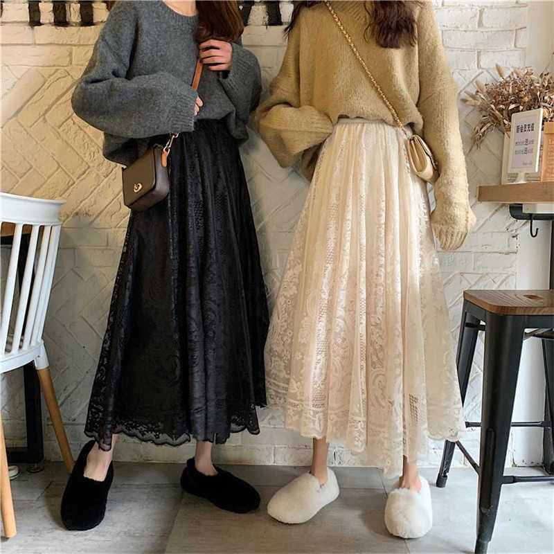 elegant Elastic High Waist Lace pleated skirt Womens Korean Elegant Casual A-line Black Long Skirt Female Summer clothes 210619wtt