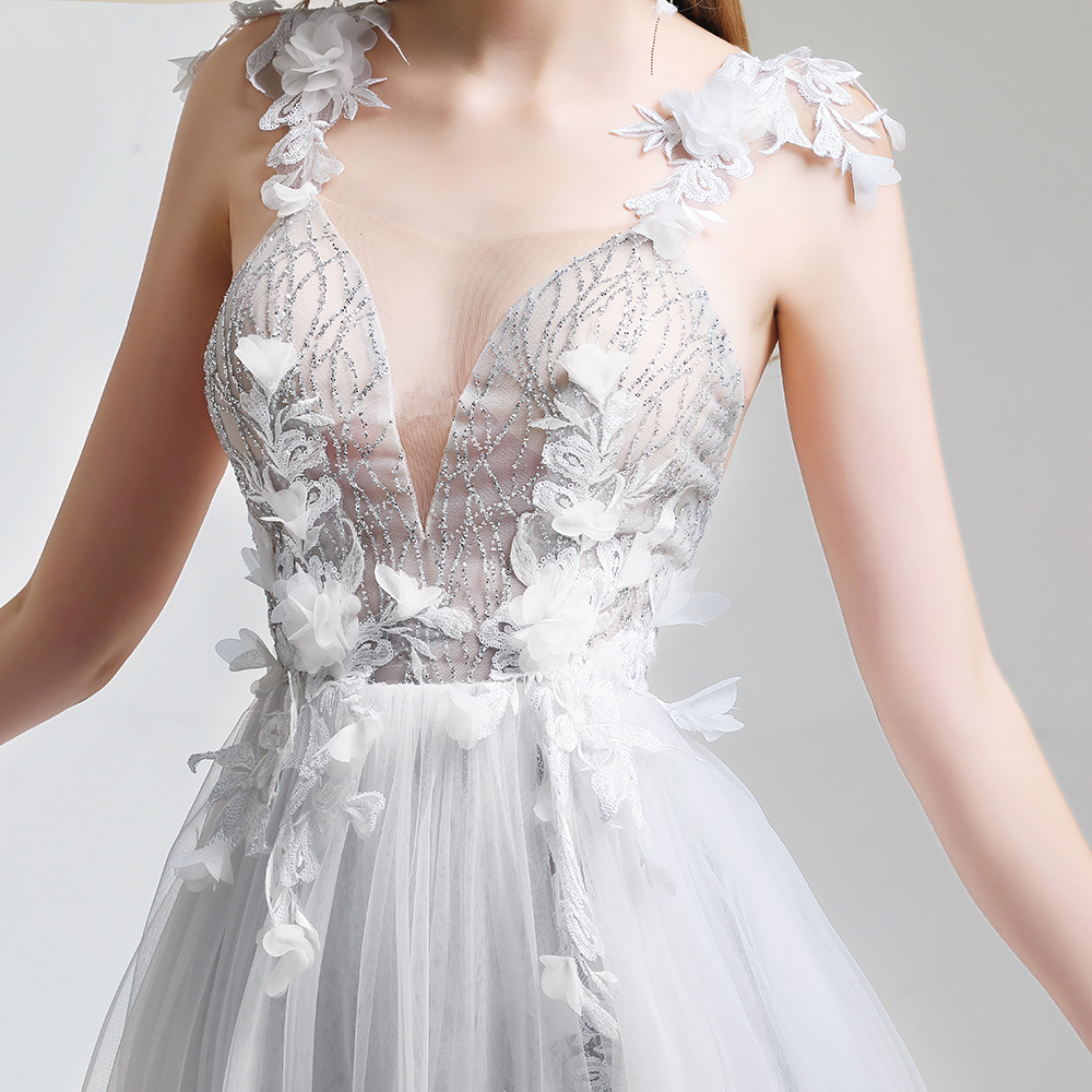 Fashion White Lace Evening Dress Sexy V-neck Backless Beach Dress Vestido De Fiesta Banquet Flower Party Formal Gown in Stock