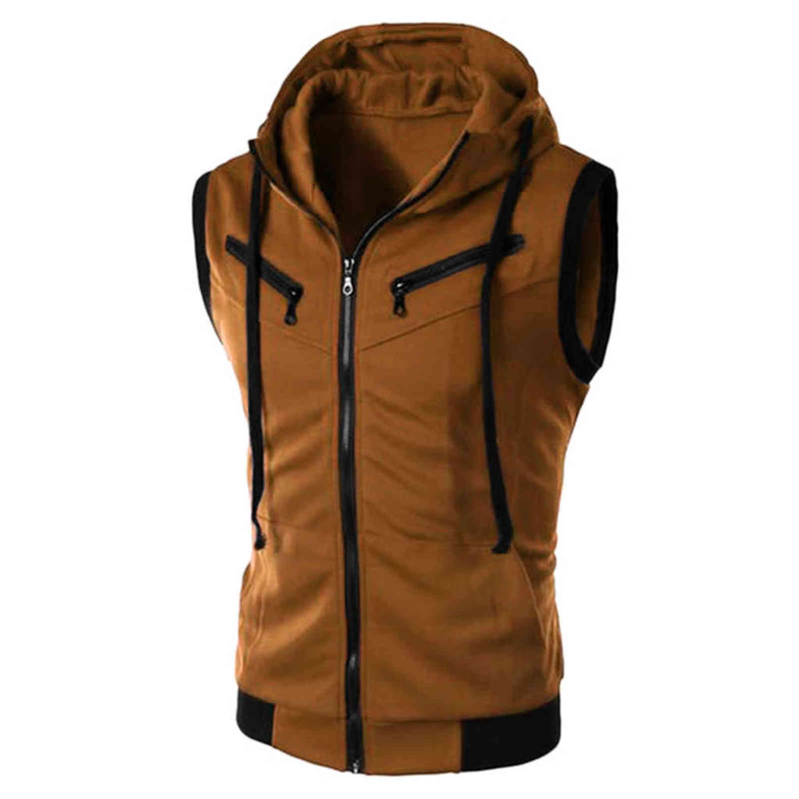 LUCLESAM Men Sleeveless Slim Fit Hoodie Vest Zipper Drawstring Gilet Jacket with Pockets veste sans manche chalecos para hombre 211111